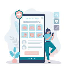 Digital medicine, health care. Mobile phone screen with medical app. Sick woman choosing medical services or specialists by smartphone. Telemedicine, online support