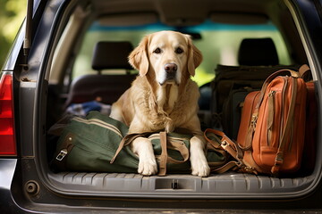 Golden Retriever in the trunk of a car with luggage