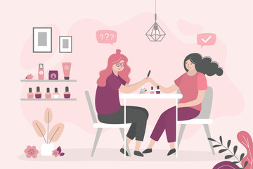 Manicure salon. Manicurist doing procedure with nail polish. Woman at manicure salon, room interior with furniture. Beauty salon interior. Nails and beauty. Nails bar.