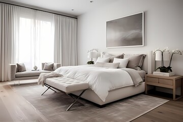 Tranquil modern classic minimalist bedroom with a platform bed, monochromatic color scheme, and minimalist furnishings