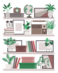 Interior Design. Shelves with books, radio, alarm clock, paintings and potted plants. The concept of home comfort. Illustration, vector © Tatiana