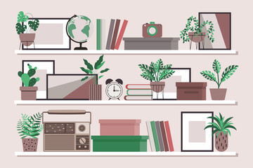 Interior Design. Shelves with books, radio, alarm clock, paintings and potted plants. The concept of home comfort. Illustration, vector