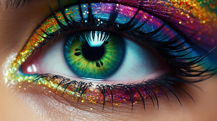 Eye Artistry: Detailed View of Green Eye Enhanced with Vibrant Fashion Makeup