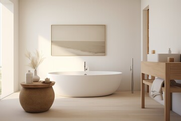 Fototapeta na wymiar Tranquil modern classic minimalist bathroom with a soaking tub, natural textures, and a clean, uncluttered design