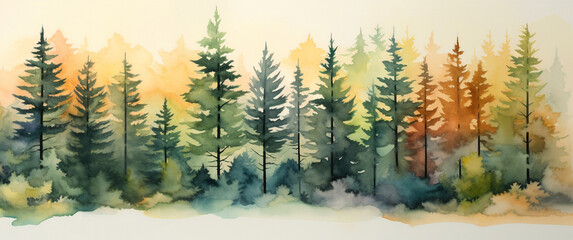 Pine trees background template, pine trees forest watercolour illustration, generative AI - obrazy, fototapety, plakaty