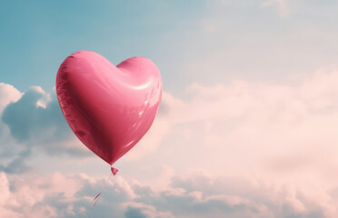 Fototapeta premium Pink heart shaped balloon on blue sky. Valentine's day background. Love ballon. Romantic banner, copy space