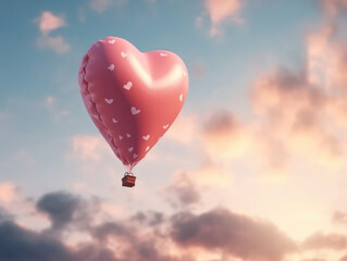Obraz premium Pink Heart shaped air balloon on sky background. Valentines day concept. Romantic banner, copy space
