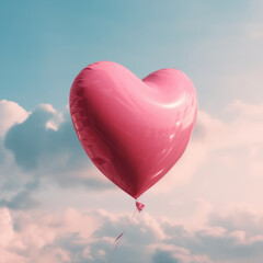 Fototapeta premium Pink heart shaped balloon on blue sky. Valentine's day background. Love ballon. Romantic banner