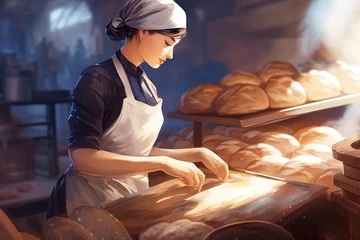 Gordijnen Photo of a woman working in a bakery, capturing the artistry and skill behind the creation of delicious baked goods © Anoo