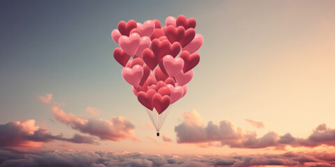 Pink Heart shaped balloons flying high in romantic sky. Love balloons. Valentine's day background, copy space. Romantic wallpaper - obrazy, fototapety, plakaty