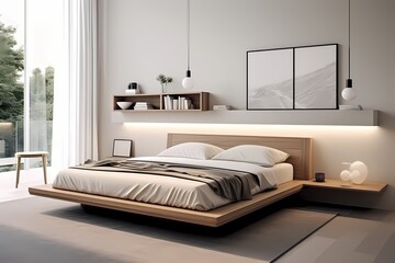 Tranquil modern classic minimalist bedroom with a platform bed, monochromatic color scheme, and minimalist furnishings