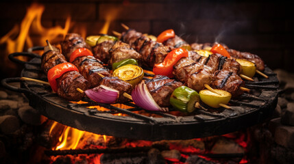 Delicious grilled meat with vegetables sizzling over the coals on barbecue
