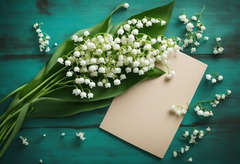 Bouquet of flowers lily of the valley and empty paper sheet on turquoise rustic table