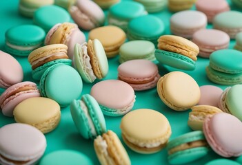 Cake macaron or macaroon on turquoise background from above colorful almond cookies pastel colors