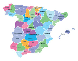 The detailed map of the Spain with regions or states and cities, capitals.
