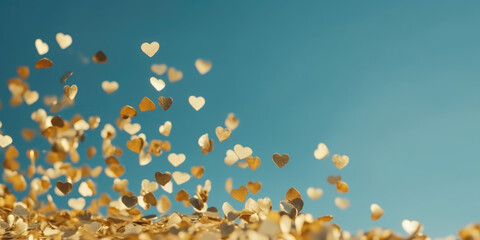 Golden hearts confetti on blue background. Valentine's day, Wedding, Love concept