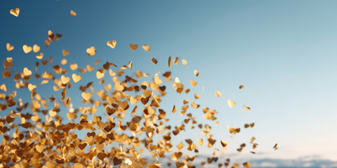 Heart shaped confetti on a blue sky background. Valentine's day background. Golden hearts. Love, Wedding concept