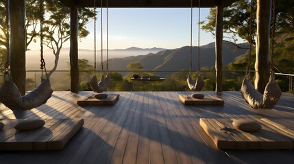 Tranquil spoty yoga sanctuary with panoramic views, suspended swings, and a connection to the surrounding nature