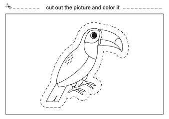 Cutting practice for kids. Black and white worksheet. Cut out cartoon toucan bird.