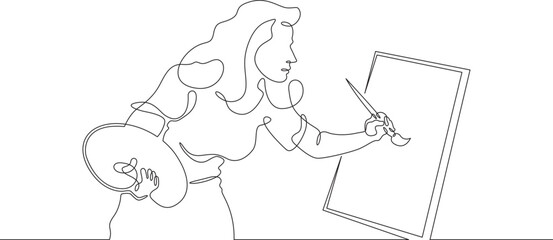 A woman artist paints. A girl paints a picture with a brush on canvas. One continuous line drawing. Linear. Hand drawn, white background. One line