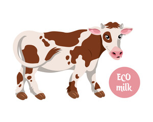 Cute spotted cow with the word Eco milk. Illustration in flat style, vector
