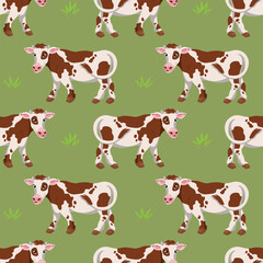 Seamless pattern, cute spotted cows. Children's background in flat style, vector