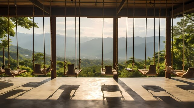 Tranquil spoty yoga sanctuary with panoramic views, suspended swings, and a connection to the surrounding nature