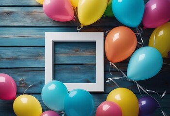 Colorful balloons and white frame on blue wooden table top view Mockup for planning birthday or party