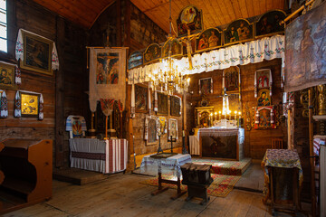 Fototapeta na wymiar Lviv region, Ukraine - July 15, 2021: Interior of ancient wooden church