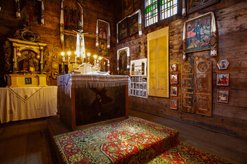 Lviv region, Ukraine - July 15, 2021: Interior of ancient wooden church