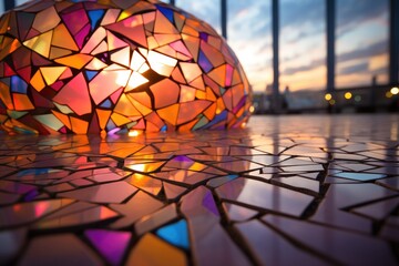 Fototapeta na wymiar A colorful mosaic ball sits on a floor. Generative AI.