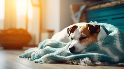 Lazy day concept. jack Russell terrier sleeping on turquoise on the parquet floor of living room in...