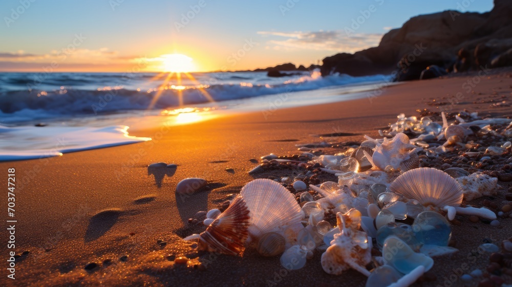 Aufkleber a beach with shells and shells on the sand. generative ai.