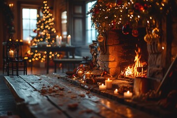 fireplace with christmas decorations, cosy home interior background Table top with blurred fireplace