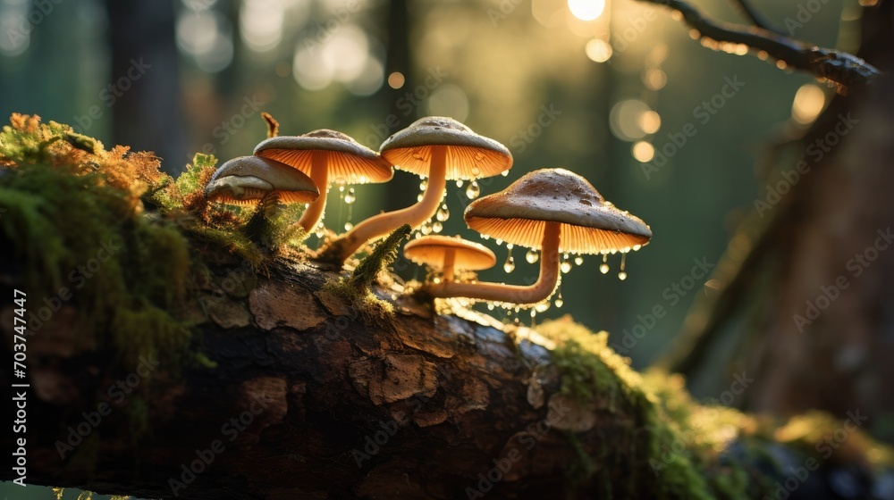 Poster mushrooms growing on a tree branch in the forest. generative ai.
