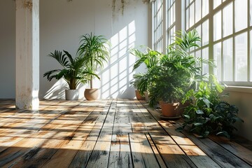 Empty white room with a wooden floor and plants.