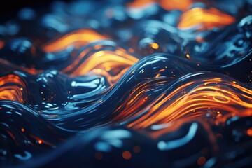 A close up of a wave of liquid with orange and black colors. Generative AI.