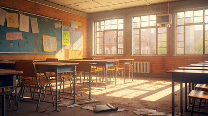 Sunny Serenity: Empty Classroom in the School Sunshine
