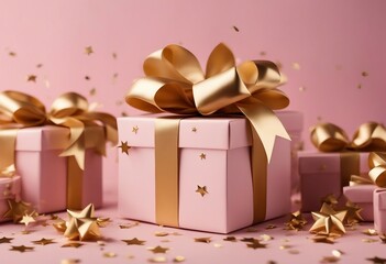 Fashion gifts or presents boxes with golden bows and star confetti on pink pastel background top view
