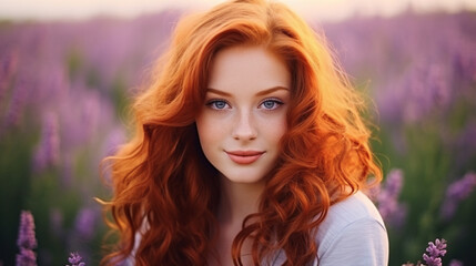 Naklejka premium Cute in Lavender: Captivating Portraits of a Red-Haired Girl