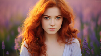 Enchanting Moments: Red-Haired Beauty Poses in Lavender Oasis