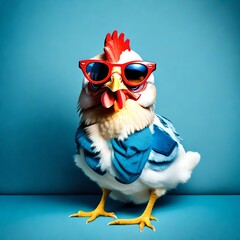 a white hen with glasses, background.