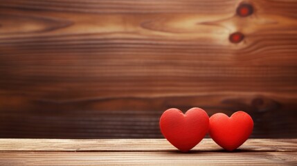 Fototapeta premium Two red hearts on wooden background symbolizing love and relationship. Valentine's Day theme.