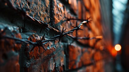 Barbed wire in prison. Steel fencing wire constructed with sharp edges or points arranged at intervals along the strands. Barb wire on red brick wall