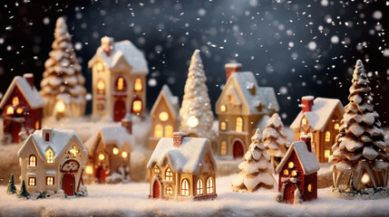 Christmas miniature with houses and spruce forest, Christmas and New Year concept - obrazy, fototapety, plakaty