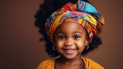 little  black girl with turban, landscape in the background, Black History Month. Generative AI