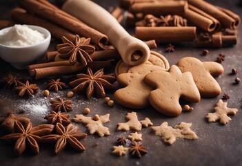 Holiday food background for baking gingerbread cookies with cutters rolling pin and spices