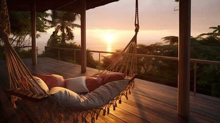 Tranquil veranda setting with comfortable cushions, a swinging hammock, and a view of the sun setting over the horizon