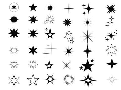Minimalistic star icons. Retro futuristic sparkle icons collection. Templates for design, posters, projects, banners, logo, and business cards