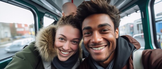 A happy interracial couple enjoys a bus trip to go on vacation